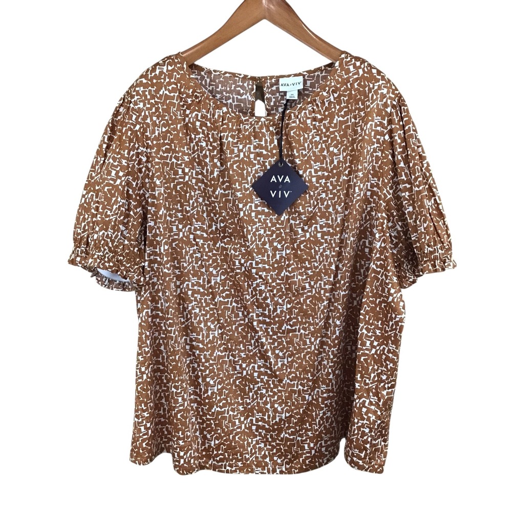 Ava & Viv Womens 3X Orange White Abstract Print Cotton Puff Sleeve Blouse NWT